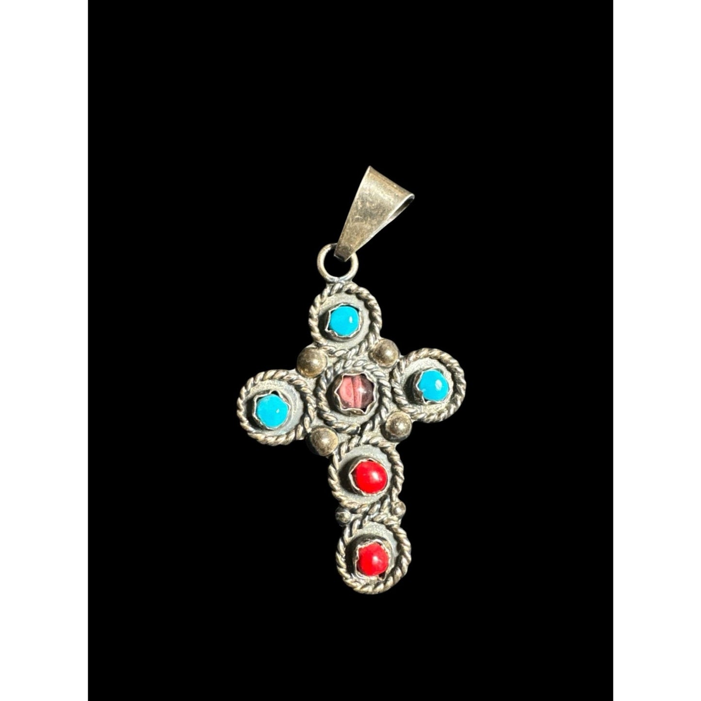 Vintage Handmade Amethyst, Turquoise, & Red Howlite Sterling Silver Cross Pendant 14.1g