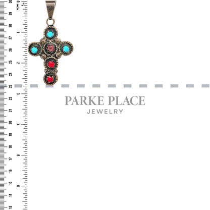 Vintage Handmade Amethyst, Turquoise, & Red Howlite Sterling Silver Cross Pendant 14.1g