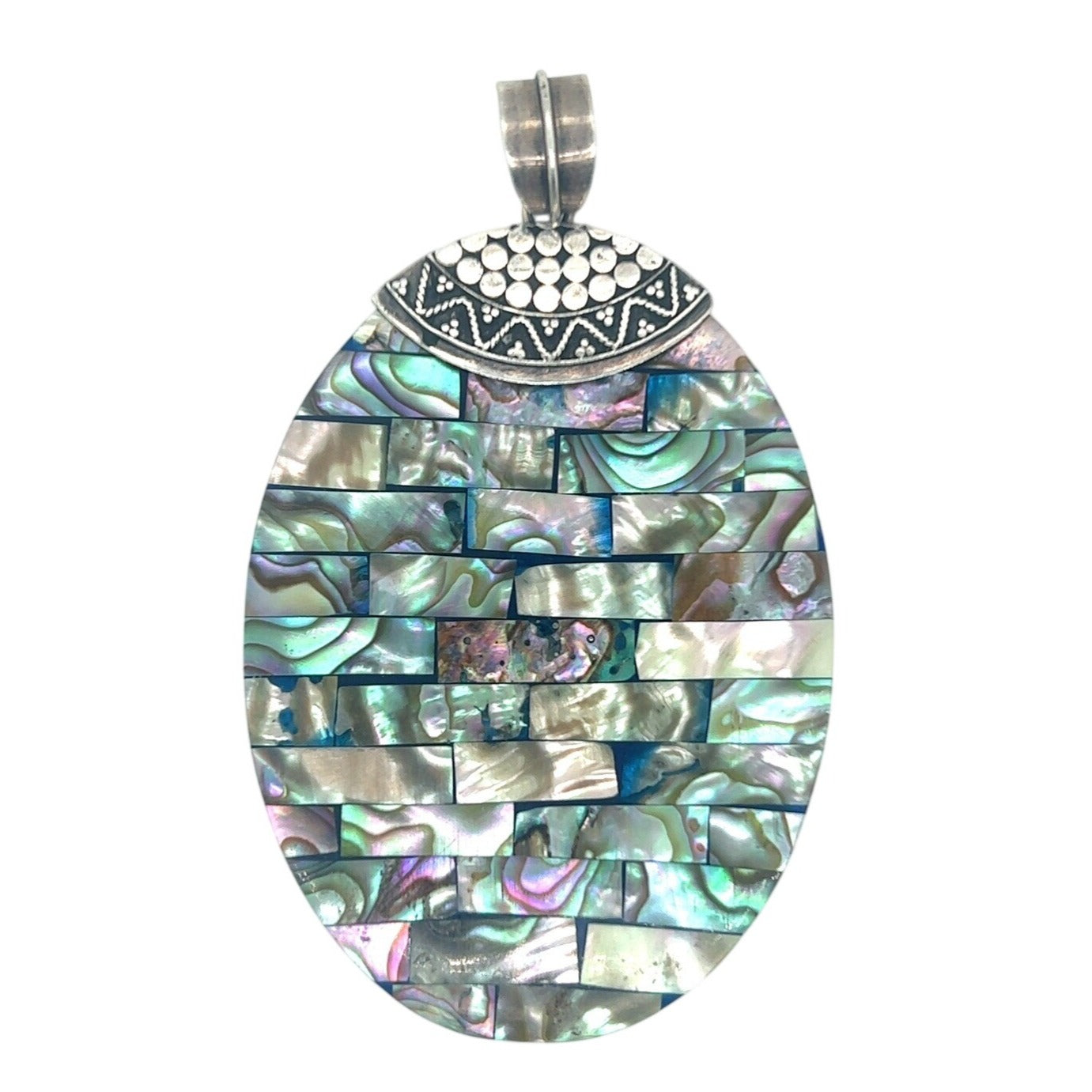 Sterling Silver & Mother Of Pearl Oval Pendant 3" Length 17.5g