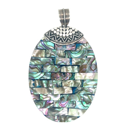 Sterling Silver & Mother Of Pearl Oval Pendant 3" Length 17.5g