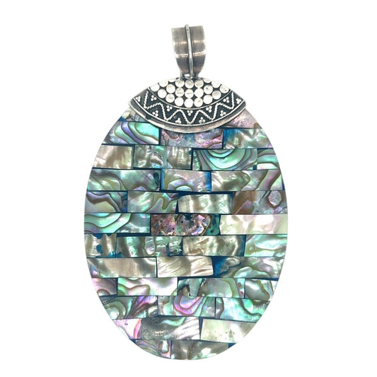 Sterling Silver & Mother Of Pearl Oval Pendant 3" Length 17.5g