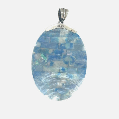 Sterling Silver & Mother Of Pearl Oval Pendant 3" Length 17.5g