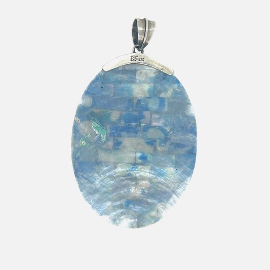 Sterling Silver & Mother Of Pearl Oval Pendant 3" Length 17.5g