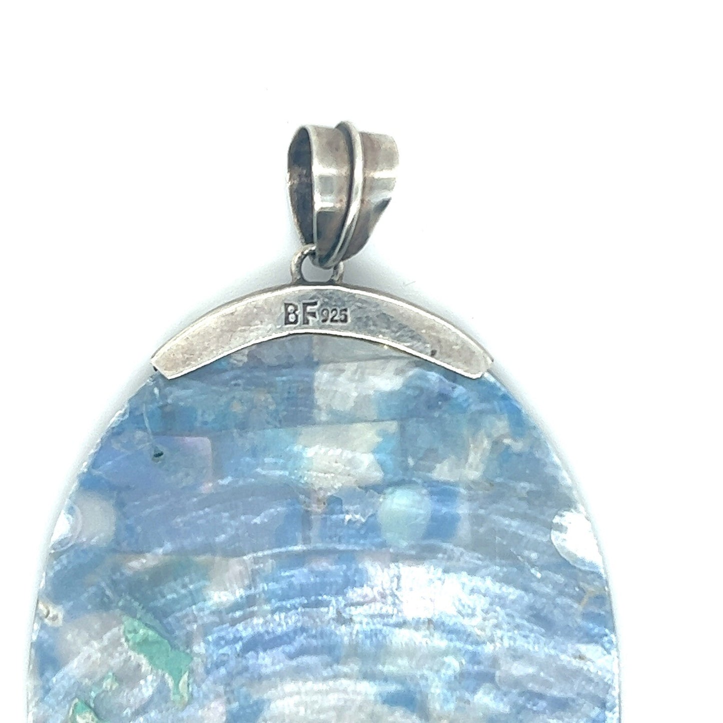 Sterling Silver & Mother Of Pearl Oval Pendant 3" Length 17.5g