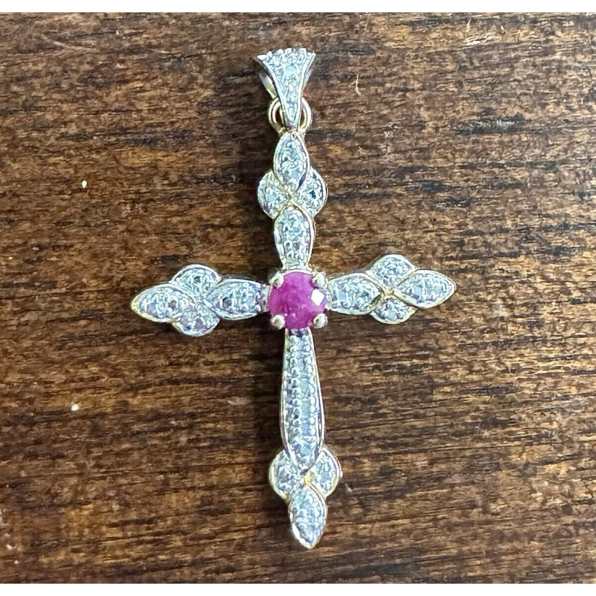 Red Ruby Cross Pendant .925 Sterling Silver w/ Gold Plating Intricate Design
