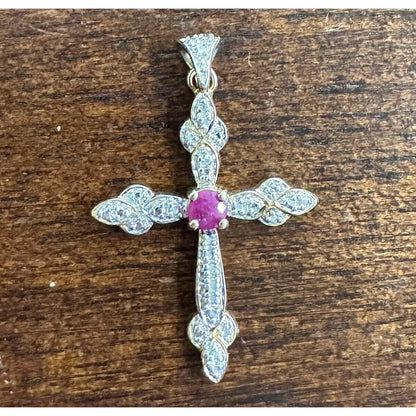 Red Ruby Cross Pendant .925 Sterling Silver w/ Gold Plating Intricate Design