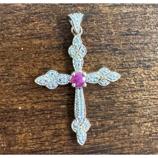 Red Ruby Cross Pendant .925 Sterling Silver w/ Gold Plating Intricate Design