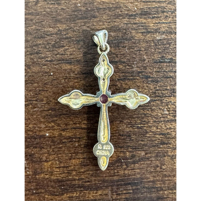 Red Ruby Cross Pendant .925 Sterling Silver w/ Gold Plating Intricate Design