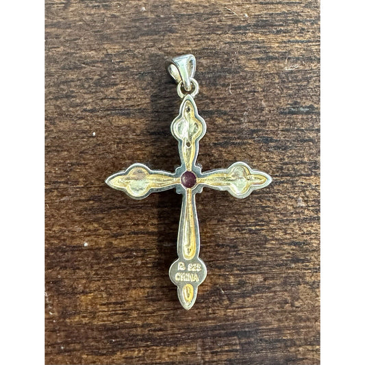 Red Ruby Cross Pendant .925 Sterling Silver w/ Gold Plating Intricate Design