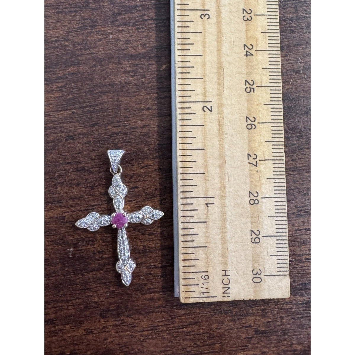Red Ruby Cross Pendant .925 Sterling Silver w/ Gold Plating Intricate Design