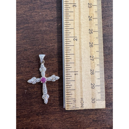 Red Ruby Cross Pendant .925 Sterling Silver w/ Gold Plating Intricate Design