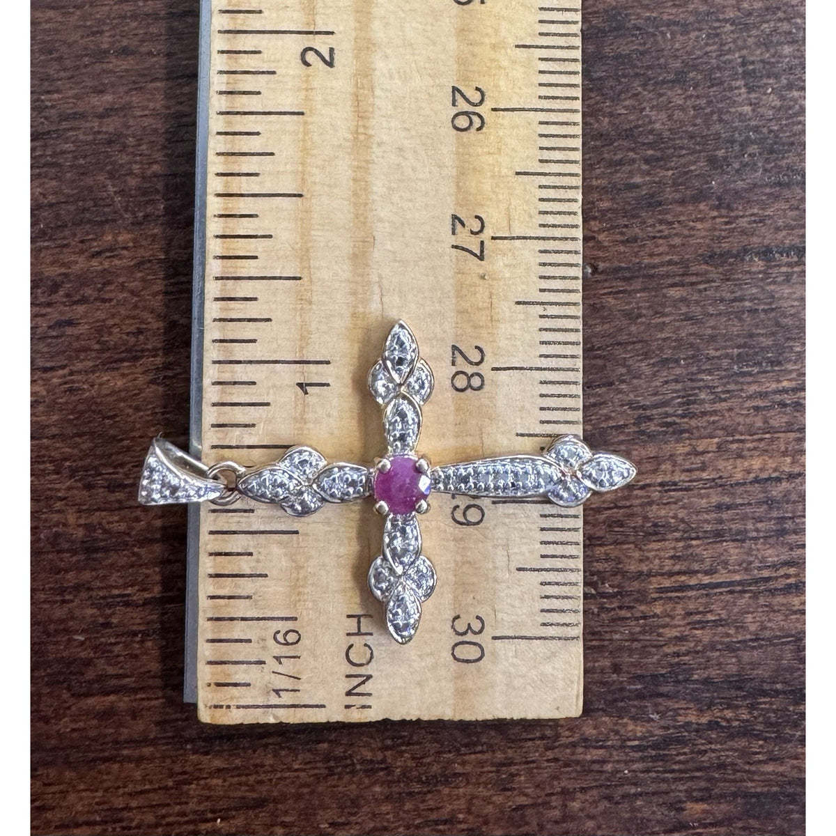 Red Ruby Cross Pendant .925 Sterling Silver w/ Gold Plating Intricate Design