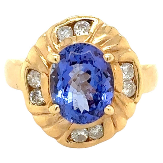 3ctw Tanzanite Solitaire with Diamond Accents 14k Yellow Gold Ring 6.8g Size 6.5