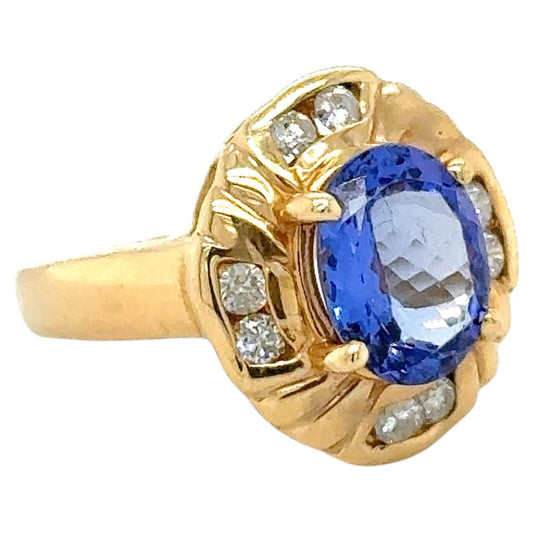 3ctw Tanzanite Solitaire with Diamond Accents 14k Yellow Gold Ring 6.8g Size 6.5