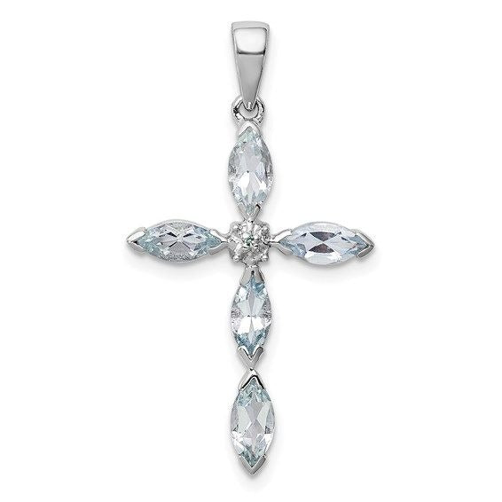 Sterling Silver Rhodium-Plated Aquamarine & Diamond Cross Pendant