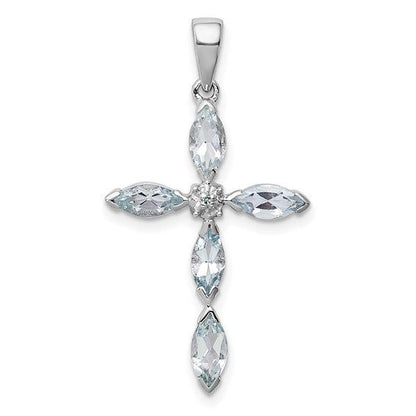 Sterling Silver Rhodium-Plated Aquamarine & Diamond Cross Pendant