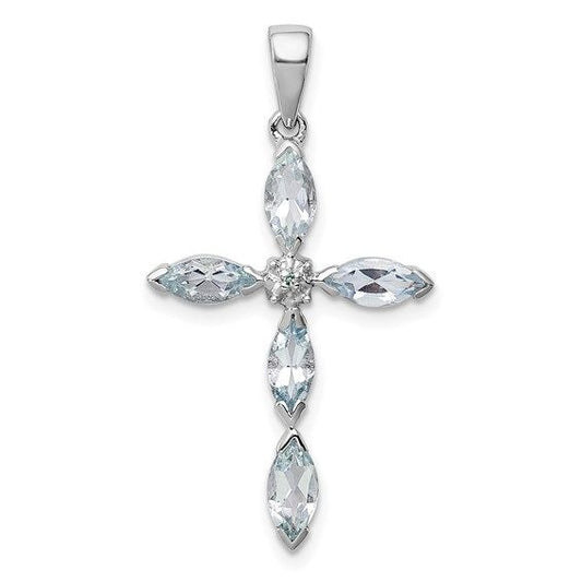 Sterling Silver Rhodium-Plated Aquamarine & Diamond Cross Pendant