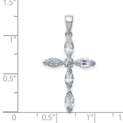 Sterling Silver Rhodium-Plated Aquamarine & Diamond Cross Pendant
