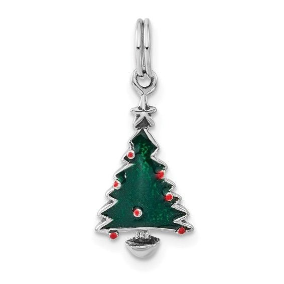 Sterling Silver Enameled Christmas Tree Charm 25mm With Red Accents
