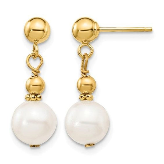 14K Yellow Gold 7-8mm White Freshwater Pearl Dangle Earrings