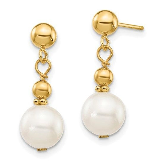 14K Yellow Gold 7-8mm White Freshwater Pearl Dangle Earrings
