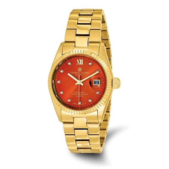 Charles-Hubert Gold-Plated Stainless Steel Quartz Red Dial & Date