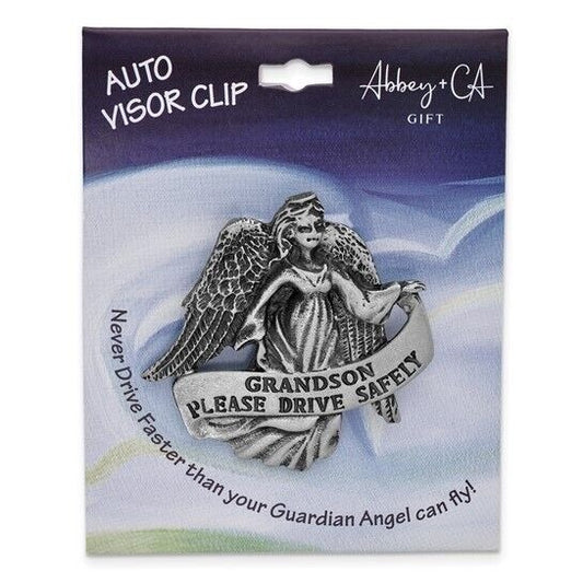 Pewter Finish GRANDSON PLEASE DRIVE SAFELY Guardian Angel Visor Clip