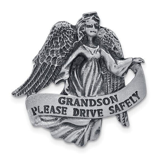 Pewter Finish GRANDSON PLEASE DRIVE SAFELY Guardian Angel Visor Clip