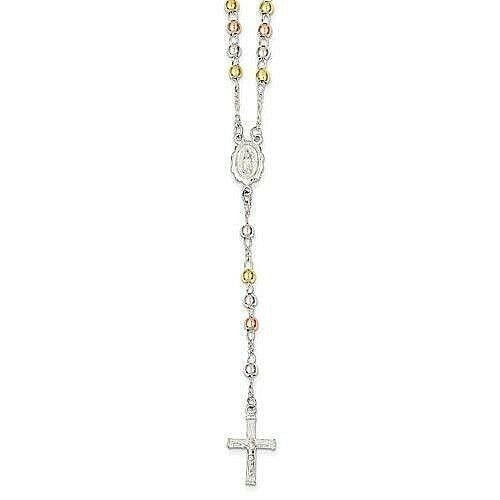 Sterling Silver 925 Yellow & Rose Flash Gold-Plated 24-Inch Rosary Necklace With Cross Pendant