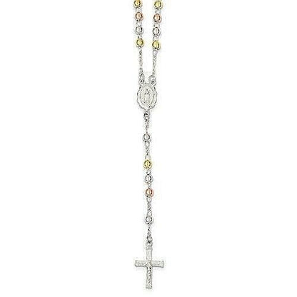 Sterling Silver 925 Yellow & Rose Flash Gold-Plated 24-Inch Rosary Necklace With Cross Pendant