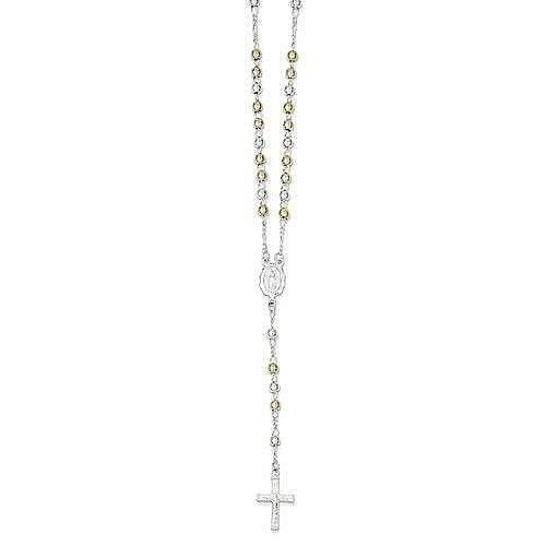 Sterling Silver 925 Yellow & Rose Flash Gold-Plated 24-Inch Rosary Necklace With Cross Pendant
