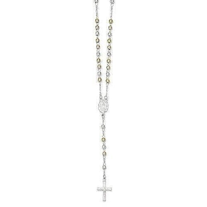 Sterling Silver 925 Yellow & Rose Flash Gold-Plated 24-Inch Rosary Necklace With Cross Pendant