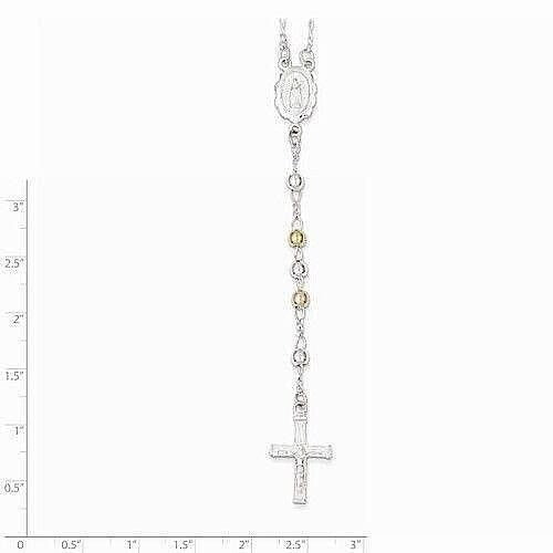 Sterling Silver 925 Yellow & Rose Flash Gold-Plated 24-Inch Rosary Necklace With Cross Pendant