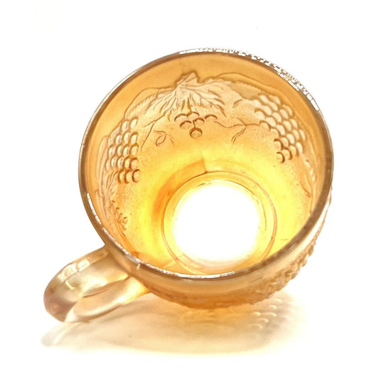 Vintage Carnival Glass Cup Iridescent Marigold Grape Vine Pattern 3 Inches Tall