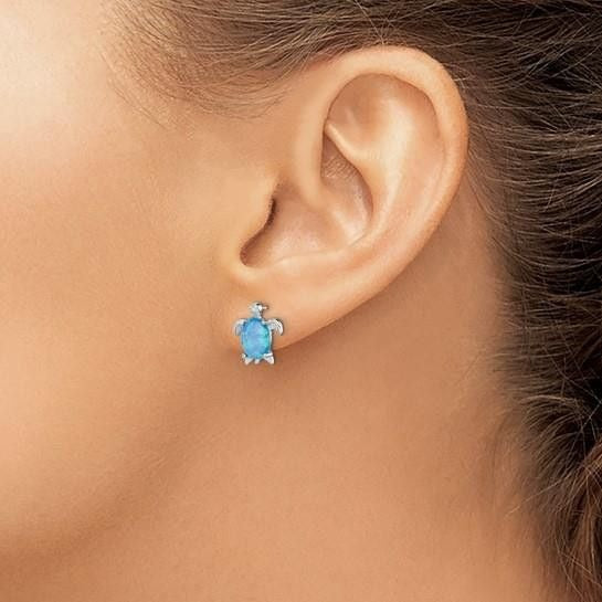 Sterling Silver Rhodium-Plated Created Opal Turtle Button Post Earrings