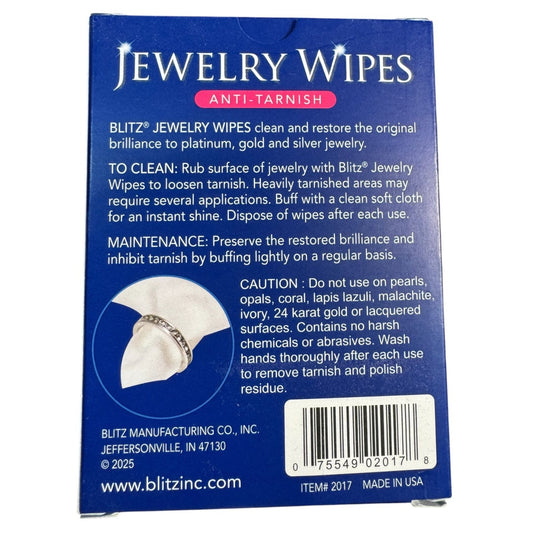 Blitz Jewelry Wipes Anti-Tarnish Dry Cleaning Cloths Non-Toxic 30 Ct