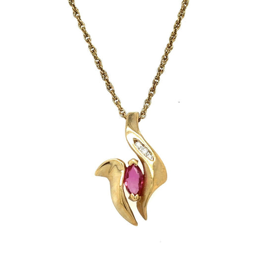 14k Yellow Gold Ruby & Diamond Pendant Necklace With 18" Chain 3.2g