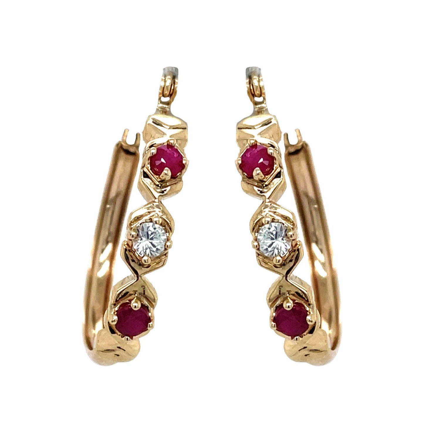 10K Yellow Gold Ruby & White Sapphire Dangle Hoop Earrings 4.6g