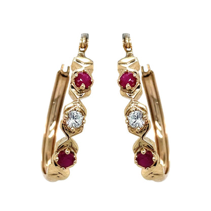 10K Yellow Gold Ruby & White Sapphire Dangle Hoop Earrings 4.6g