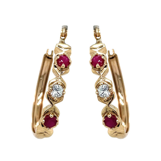 10K Yellow Gold Ruby & White Sapphire Dangle Hoop Earrings 4.6g