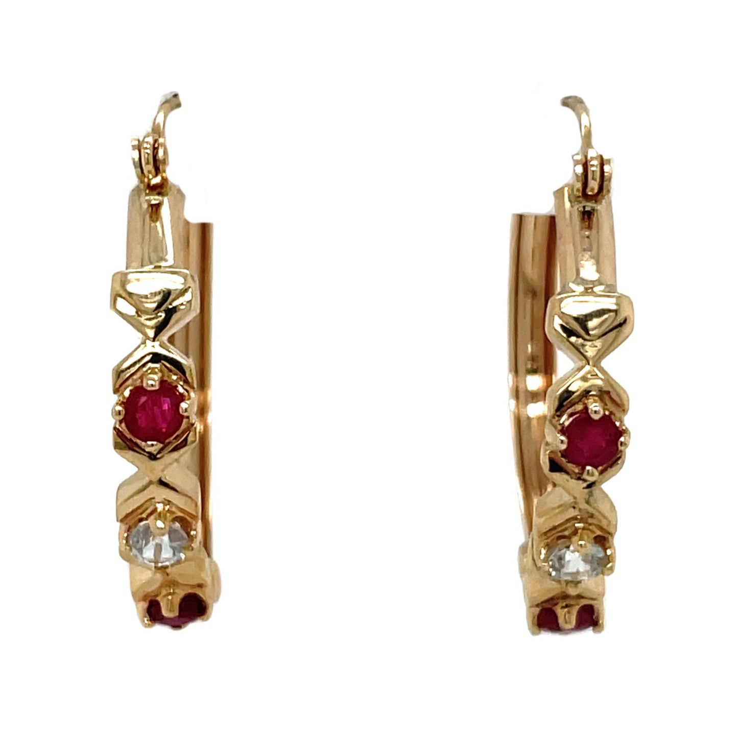 10K Yellow Gold Ruby & White Sapphire Dangle Hoop Earrings 4.6g