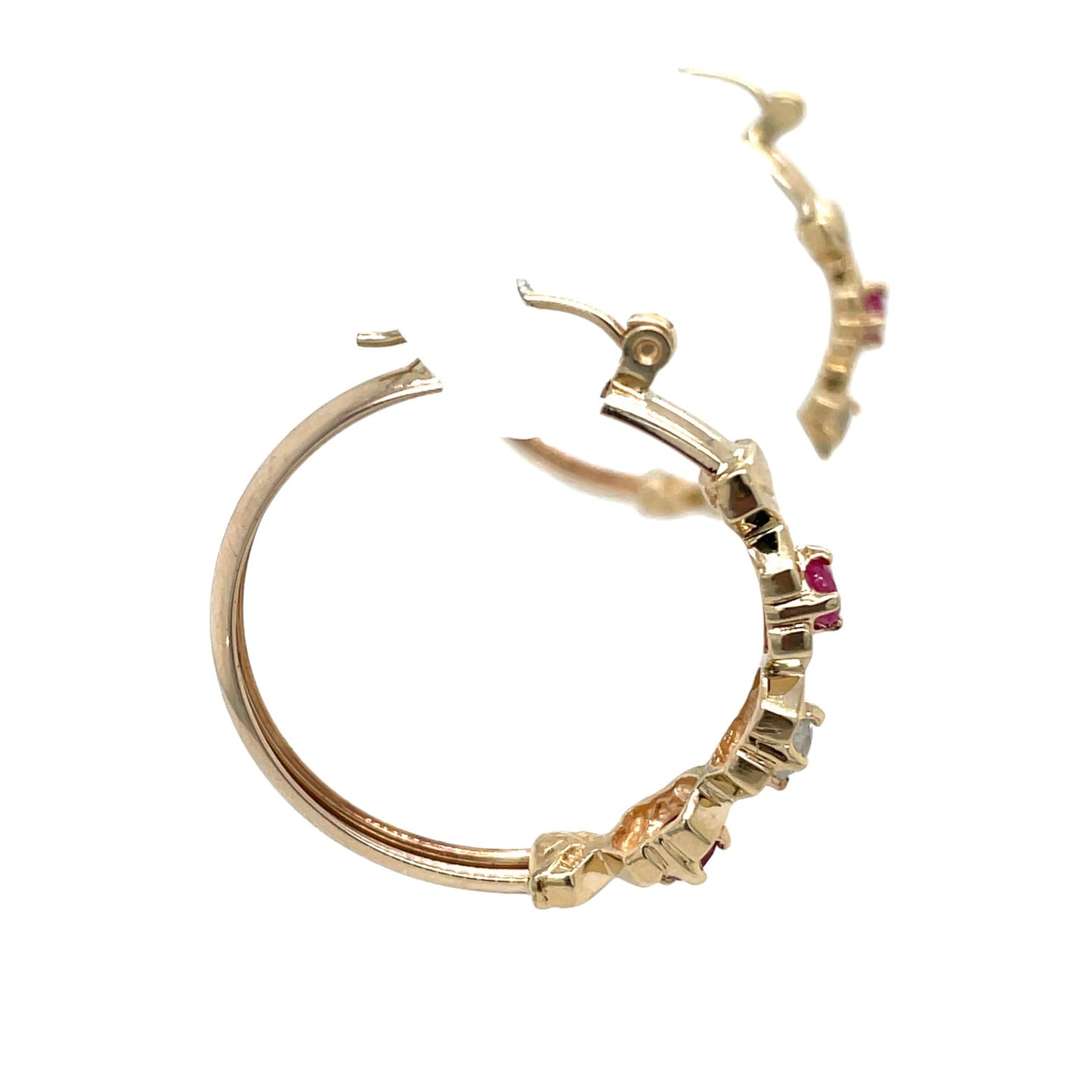 10K Yellow Gold Ruby & White Sapphire Dangle Hoop Earrings 4.6g