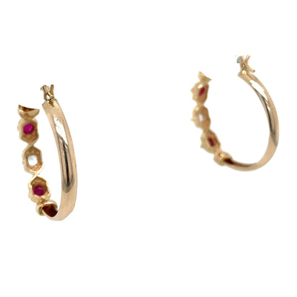 10K Yellow Gold Ruby & White Sapphire Dangle Hoop Earrings 4.6g