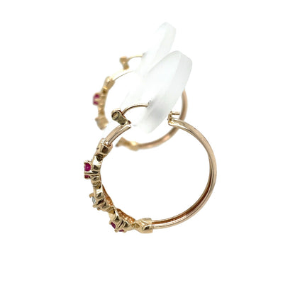 10K Yellow Gold Ruby & White Sapphire Dangle Hoop Earrings 4.6g