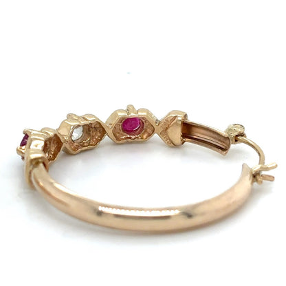 10K Yellow Gold Ruby & White Sapphire Dangle Hoop Earrings 4.6g