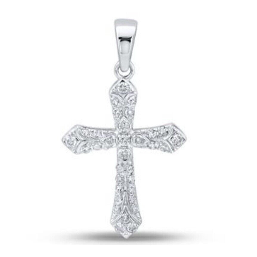 10K White Gold 1/3 Ctw Diamond Cross Pendant With Round Cut Stones