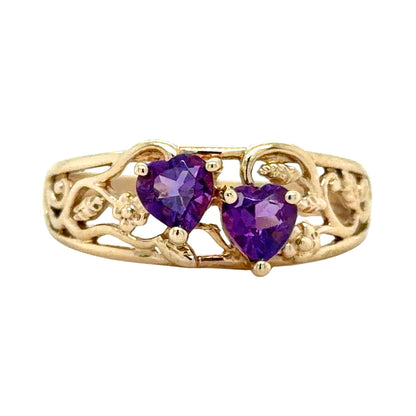 Amethyst Hearts 10k Yellow Gold Ring 2.7g Size 9.25