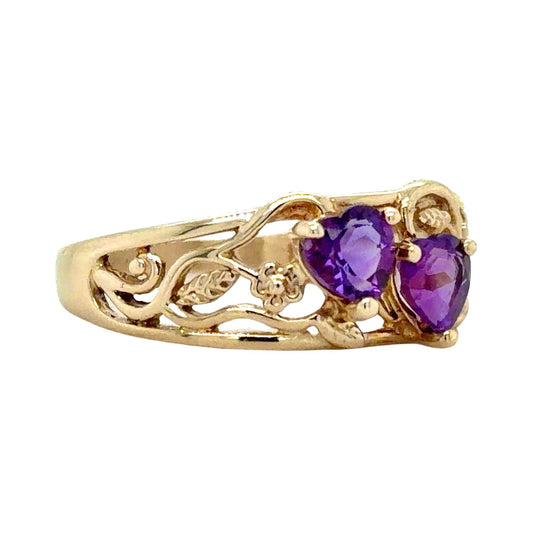 Amethyst Hearts 10k Yellow Gold Ring 2.7g Size 9.25
