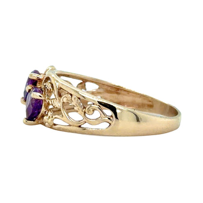 Amethyst Hearts 10k Yellow Gold Ring 2.7g Size 9.25
