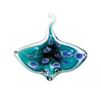 Hand Blown Light Blue Stingray Glass Figurine With Glittering Details 5.5in x 5.1in 3¾ Inch Decorative Art Glass